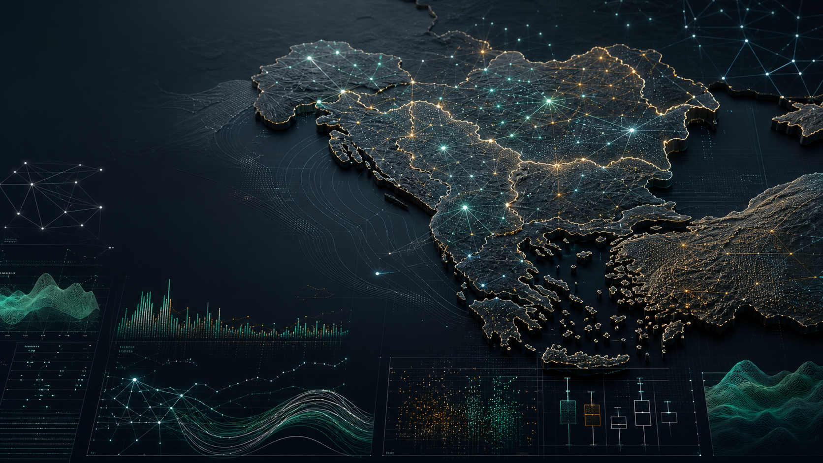 Regional AI and machine learning competition visual with Balkan map, data paths, and evaluation charts.